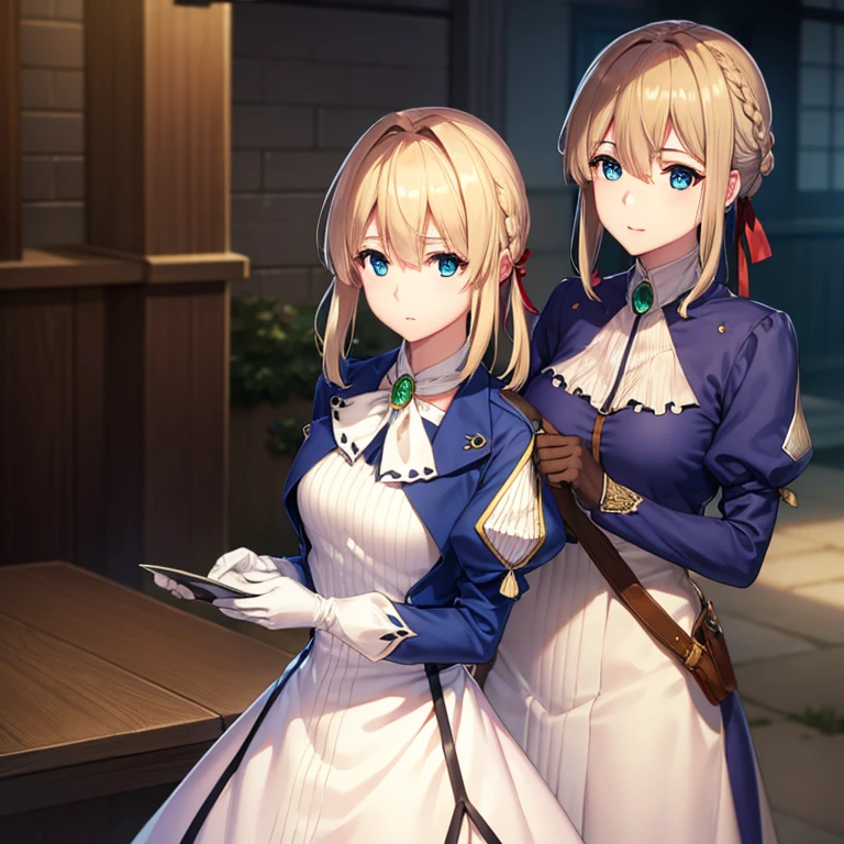 Violet Evergarden, Violet Evergarden, Blonde hair, Blue eyes, Hair Ribbon, bow ribbon, Short hair, Braids, hair braids, Red Ribbon, maturefemale,
Blake Blue Jacket, Brown gloves, Cropped jacket, Dress, gloves, Green brooch, Jacket, juliet sleeves, Long sleeves, Puffy sleeves, White Dress,
BREAK looking at viewer,
BREAK outdoors, city,
BREAK (masutepiece:1.2), Best Quality, High resolution, Unity 8k壁纸, (Illustration:0.8), (Beautiful detailed eyes:1.6), extra detailed face, Perfect Lighting, extremely details CG, (Perfect hands, Perfect Anatomy),a smile