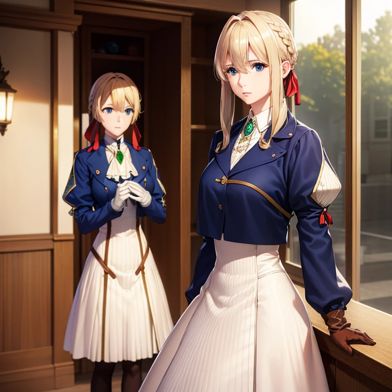 {{Masterpiece, highest quality, (((Photorealistic, Photorealsitic:1.37))), ((solo)), 8K quality, very delicate and beautiful , amazing, detailed official art, ridiculous, incredibly ridiculous, huge file size, ultra-detailed, highly detailed, cinematic lighting}}, Violet Evergarden, Violet Evergarden, blonde, blue eyes, hair ribbon, bowknot, short hair, braids, braids, red ribbon, mature woman, break blue jacket, brown gloves, cropped jacket, dress, Gloves, green brooch, jacket, Juliet sleeves, long sleeves, puffy sleeves, white dress, waiting for the Major to return at the station.