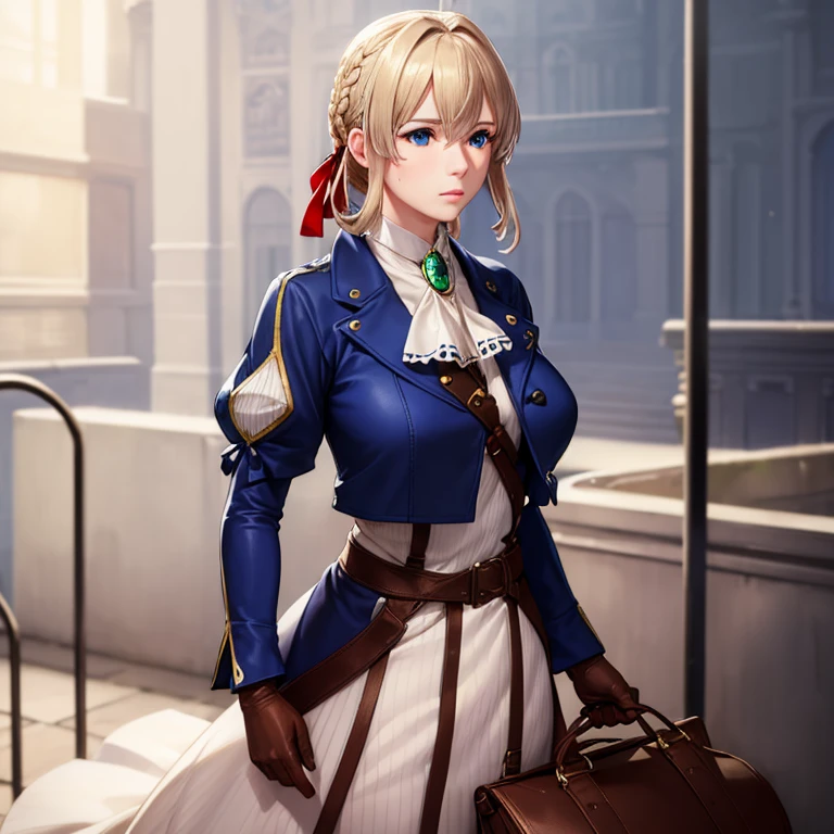 {{Masterpiece, highest quality, (((Photorealistic, Photorealsitic:1.37))), ((solo)), 8K quality, very delicate and beautiful , amazing, detailed official art, ridiculous, incredibly ridiculous, huge file size, ultra-detailed, highly detailed, cinematic lighting}}, Violet Evergarden, Violet Evergarden, blonde, blue eyes, hair ribbon, bowknot, short hair, braids, braids, red ribbon, mature woman, break blue jacket, brown gloves, cropped jacket, dress, Gloves, green brooch, jacket, Juliet sleeves, long sleeves, puffy sleeves, white dress, waiting for the Major to return at the station.