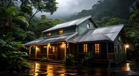 vintage wooden house, lush little house, Beautiful house, night, lights on, costa rica green rainforest, heavy rain falls on the roof, Emphasizes the contrast between the natural environment and rainwater flowing from the roof., dark scene after the rain, ...