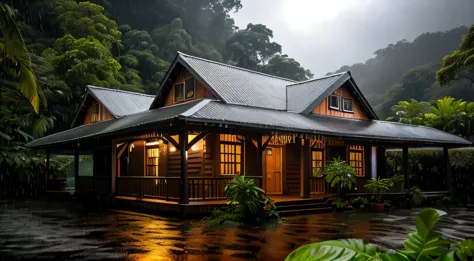 vintage wooden house, lush little house, Beautiful house, night, lights on, costa rica green rainforest, heavy rain falls on the roof, Emphasizes the contrast between the natural environment and rainwater flowing from the roof., dark scene after the rain, ...