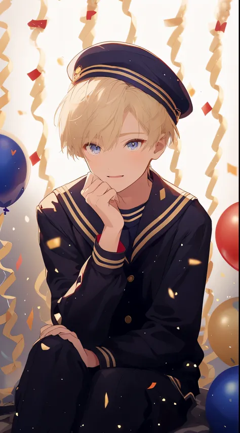 young male character inspired by a photo. The character has short blonde hair, fair skin, and is dressed in a navy blue sailor u...