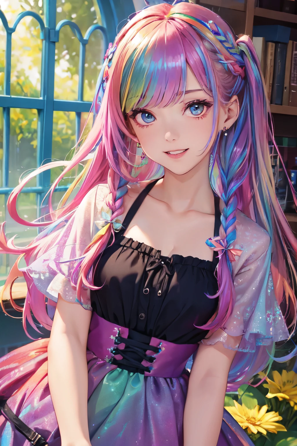 （In 8K, best quality, muste piece:1.3)、ultra high resolution,1 female 16 years old、ultra-detailed face,detailed eyes,open mouth,laughing,((Rainbow Hair)),asymmetrical bangs,twin braids,BREAK,((flower dress)),ruffle skirt,BREAK,(iridescent light:1.4),solo,botanical garden