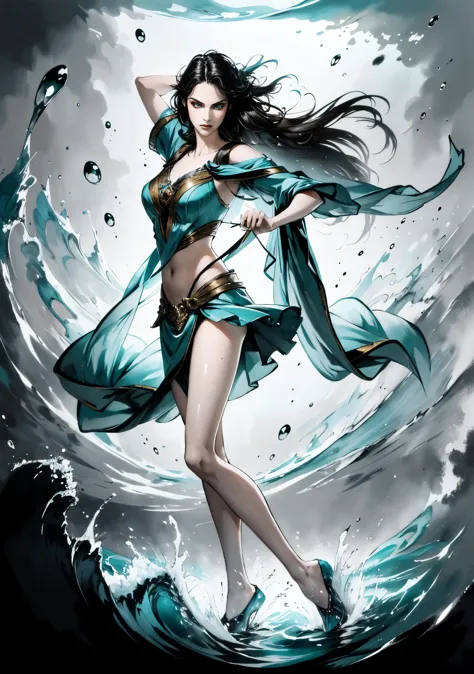 A beautiful woman with cascading waves of aqua-blue long hair, exquisite facial features, a melancholic expression, delicate and bright eyes, skin as smooth and radiant, her slender and graceful figure dances like water splashes in the wind, a splendid fan...