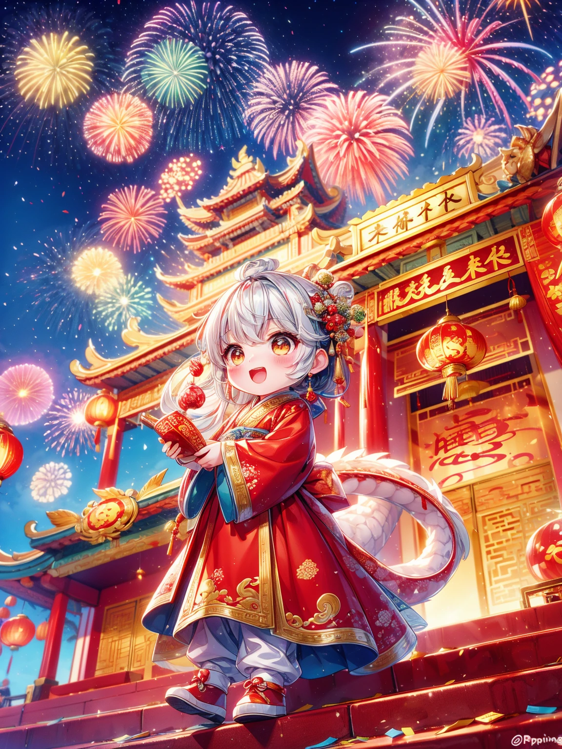 Extremely cute toddler princess, Chinese dragon, Chinese New Year celebration, full of traditional holiday elements like fireworks, firecrackers and red spring couplets