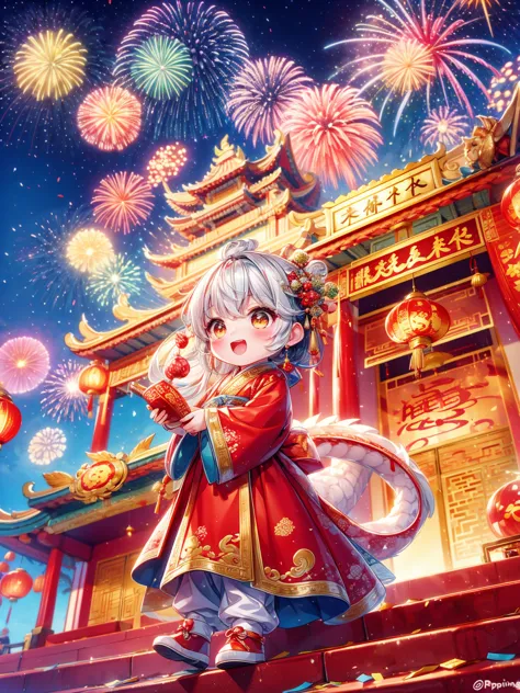 extremely cute toddler princess, chinese dragon, chinese new year celebration, full of traditional holiday elements like firewor...