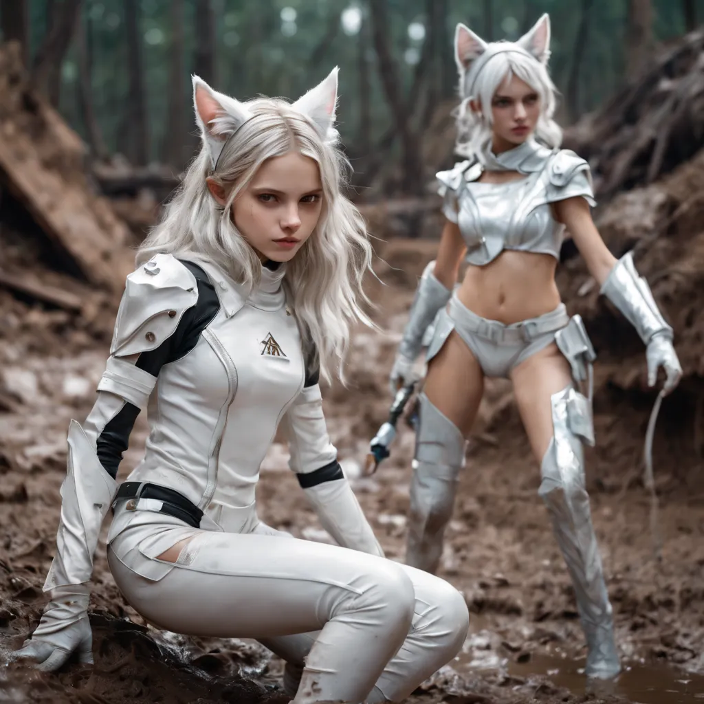 on a muddy battlefield, in an apocalyptic scene, a 13 year old catgirl officer who is the perfect likeness of sandraov4, with wh...