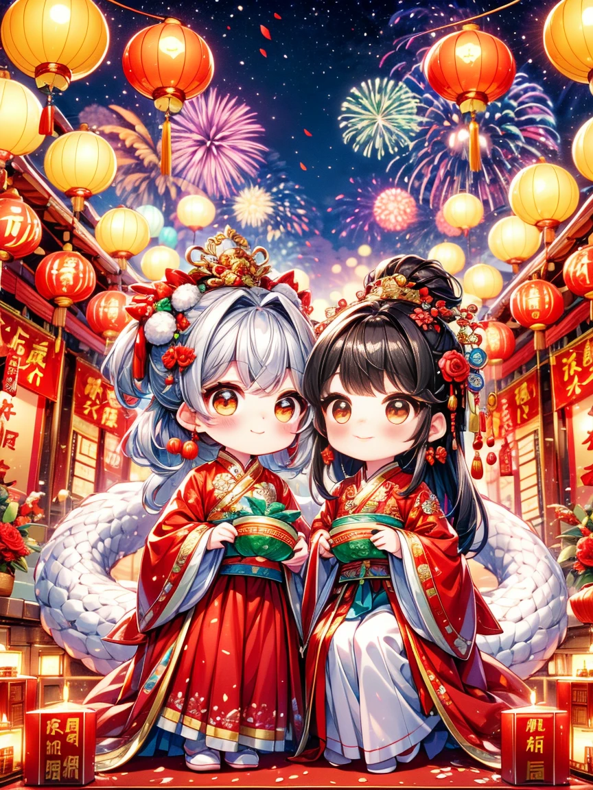 Extremely cute toddler princess, Chinese dragon, Chinese New Year celebration, full of traditional holiday elements like fireworks, firecrackers and red spring couplets