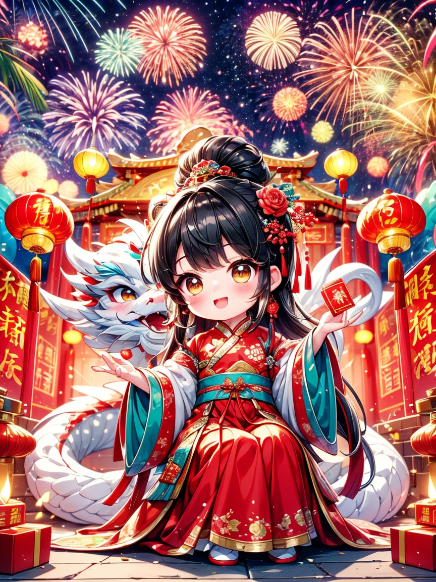 Extremely cute toddler princess, Chinese dragon, Chinese New Year celebration, full of traditional holiday elements like fireworks, firecrackers and red spring couplets