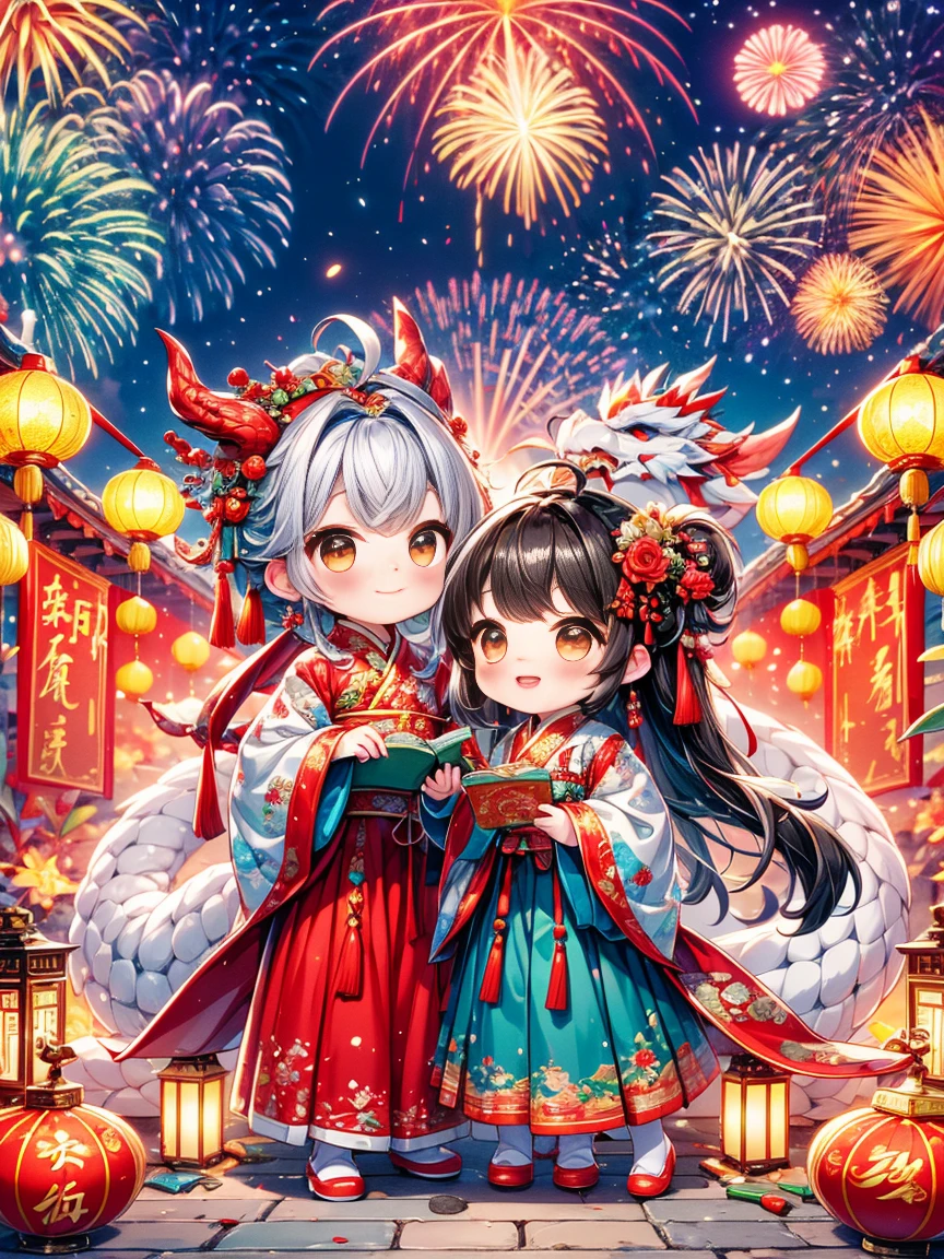 Extremely cute toddler princess, Chinese dragon, Chinese New Year celebration, full of traditional holiday elements like fireworks, firecrackers and red spring couplets