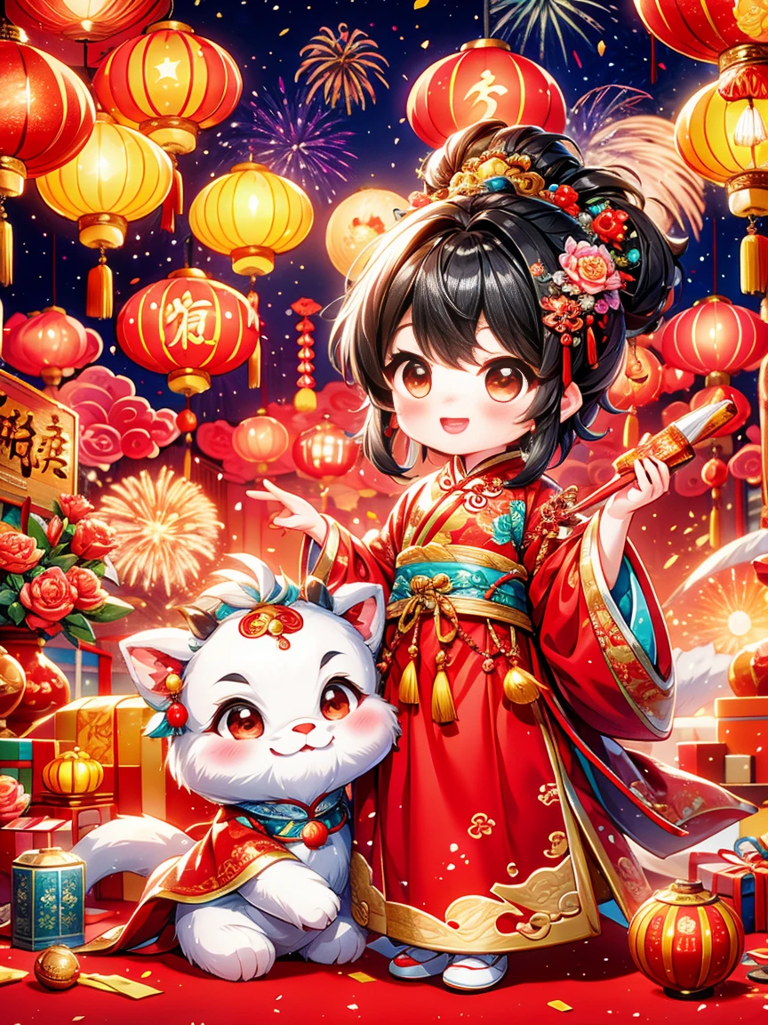 Extremely cute toddler princess, Chinese dragon, Chinese New Year celebration, full of traditional holiday elements like fireworks, firecrackers and red spring couplets