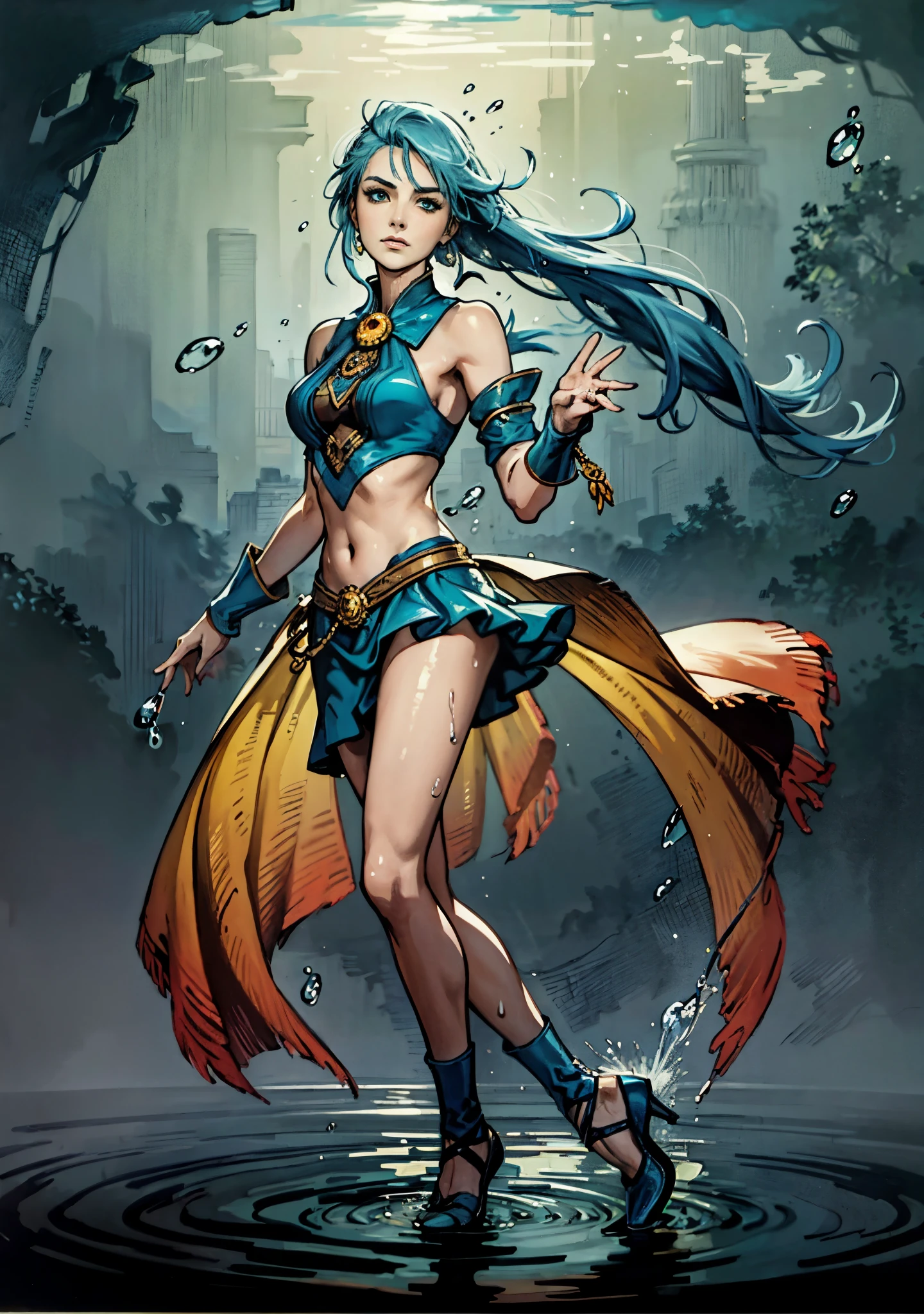 A beautiful woman with cascading waves of aqua-blue long hair, exquisite facial features, a melancholic expression, delicate and bright eyes, skin as smooth and radiant as polished jade, her slender and graceful figure dances like water splashes in the wind, a splendid fantasy-style islander ethnic costume, a short skirt resembling ocean waves, her slender legs leap lightly above the water surface, surrounded by splashing droplets that dance in the air, this character embodies a finely crafted fantasy-style female dancer in anime style, exquisite and mature manga art style, high definition, best quality, highres, ultra-detailed, ultra-fine painting, extremely delicate, professional, anatomically correct, symmetrical face, extremely detailed eyes and face, high quality eyes, creativity, RAW photo, UHD, 8k, Natural light, cinematic lighting, masterpiece-anatomy-perfect, masterpiece:1.5