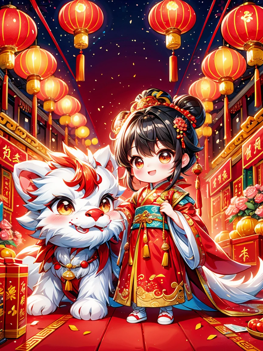 매우 귀여운 유아 공주, 중국 용, 구정 축하, 불꽃놀이와 같은 전통적인 명절 요소로 가득한, 폭죽과 붉은 봄 대련