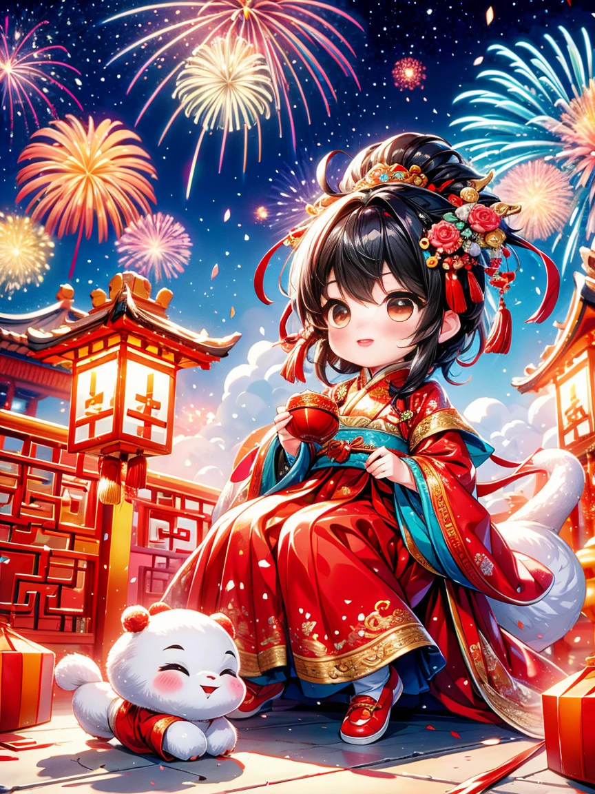 Princesa pequeña extremadamente linda, Dragon Chino, Celebración del Año Nuevo Chino, lleno de elementos navideños tradicionales como fuegos artificiales, petardos y coplas primaverales rojas