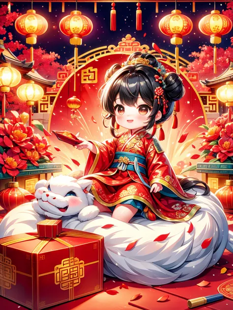 Extremely cute toddler princess, Chinese dragon, Chinese New Year celebration, full of traditional holiday elements like firewor...