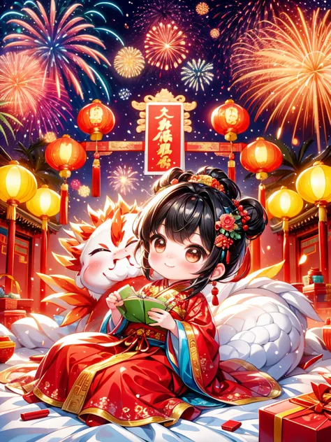 extremely cute toddler princess, chinese dragon, chinese new year celebration, full of traditional holiday elements like firewor...