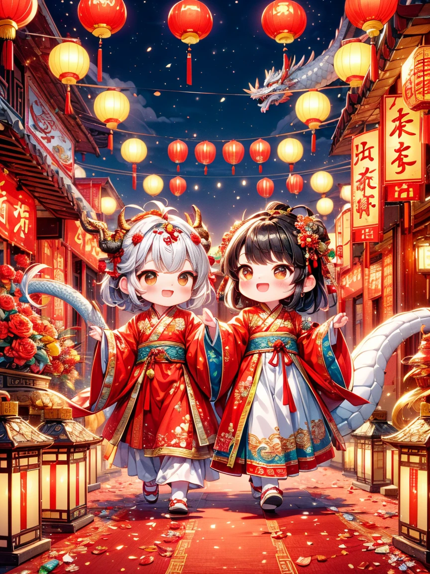 (ultra-detailed,highres:1.2), Extremely cute toddler princess, Chinese dragon, Chinese New Year celebration, fireworks, firecrackers, red spring couplets, vibrant colors, traditional costumes, joyful atmosphere, lanterns, auspicious symbols, dragon dance, festive decorations, lively crowd, happy children, animated expressions, intricate dragon scales, intricate embroidery, intricate patterns, swirling dragon tail, dynamic movements, traditional music, rhythmic drums, joyful laughter, golden ornaments, auspicious red, bustling streets, excitement in the air, glowing lanterns, vibrant energy, cultural heritage, festive atmosphere, traditional customs, prosperity and good fortune, vibrant celebrations, heartwarming family reunion