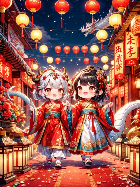 (ultra-detailed,highres:1.2), Extremely cute toddler princess, Chinese dragon, Chinese New Year celebration, fireworks, firecrac...
