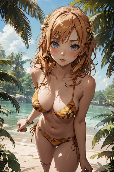 Beautiful Alluring summer taned young island woman, Barely Clothed, patterned mikro bikini, taned skin, athletic body, orange blonde hair, hair ornaments, flowers, at a tropical beach, Beautiful D&D Character Portrait, tropical Fantasy,  tropical theme, De...