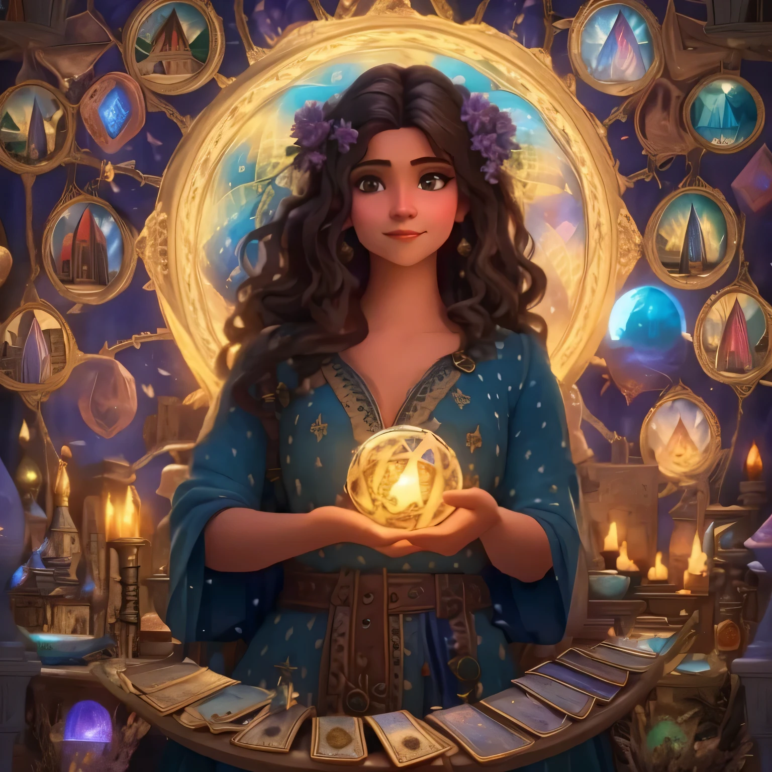 a woman holding a crystal ball in her hands in front of a circular table, inspirado em gaston bussiere, tarot art, arte de jogo de cartas de fantasia, tarot card art, adivinho, Praticamente. Arte Nova. Gloomhaven, Magic Spell, estilo de arte fantasia, arte estilo fantasia, arte digital fantasia arte, Magic Spell wizard, lindo mago celestial, holy fire spell art