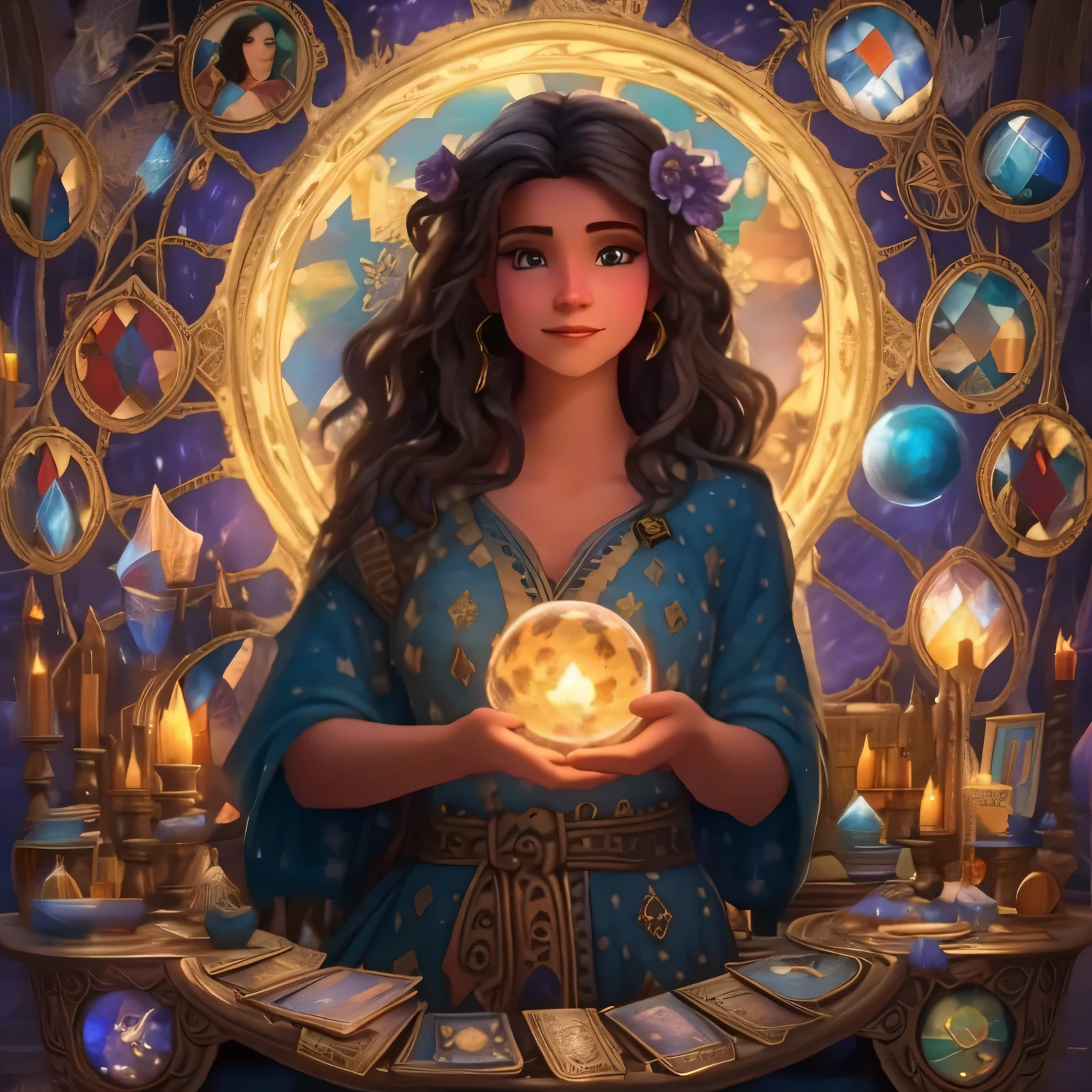 a woman holding a crystal ball in her hands in front of a circular table, inspirado em gaston bussiere, tarot art, arte de jogo de cartas de fantasia, tarot card art, adivinho, Praticamente. Arte Nova. Gloomhaven, Magic Spell, estilo de arte fantasia, arte estilo fantasia, arte digital fantasia arte, Magic Spell wizard, lindo mago celestial, holy fire spell art