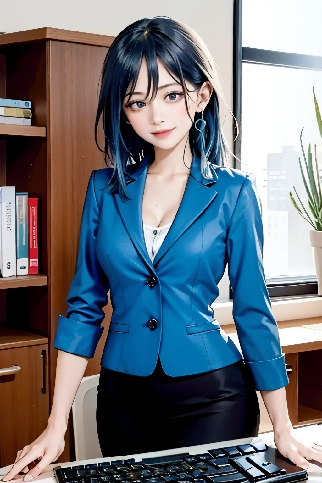 ((masterpiece, highest quality)), (1 girl),((mature woman)), blue hair, ((office lady )),bangs,middle chest,(Big breasts),slim,smile, [wide hips],office, Work on the computer