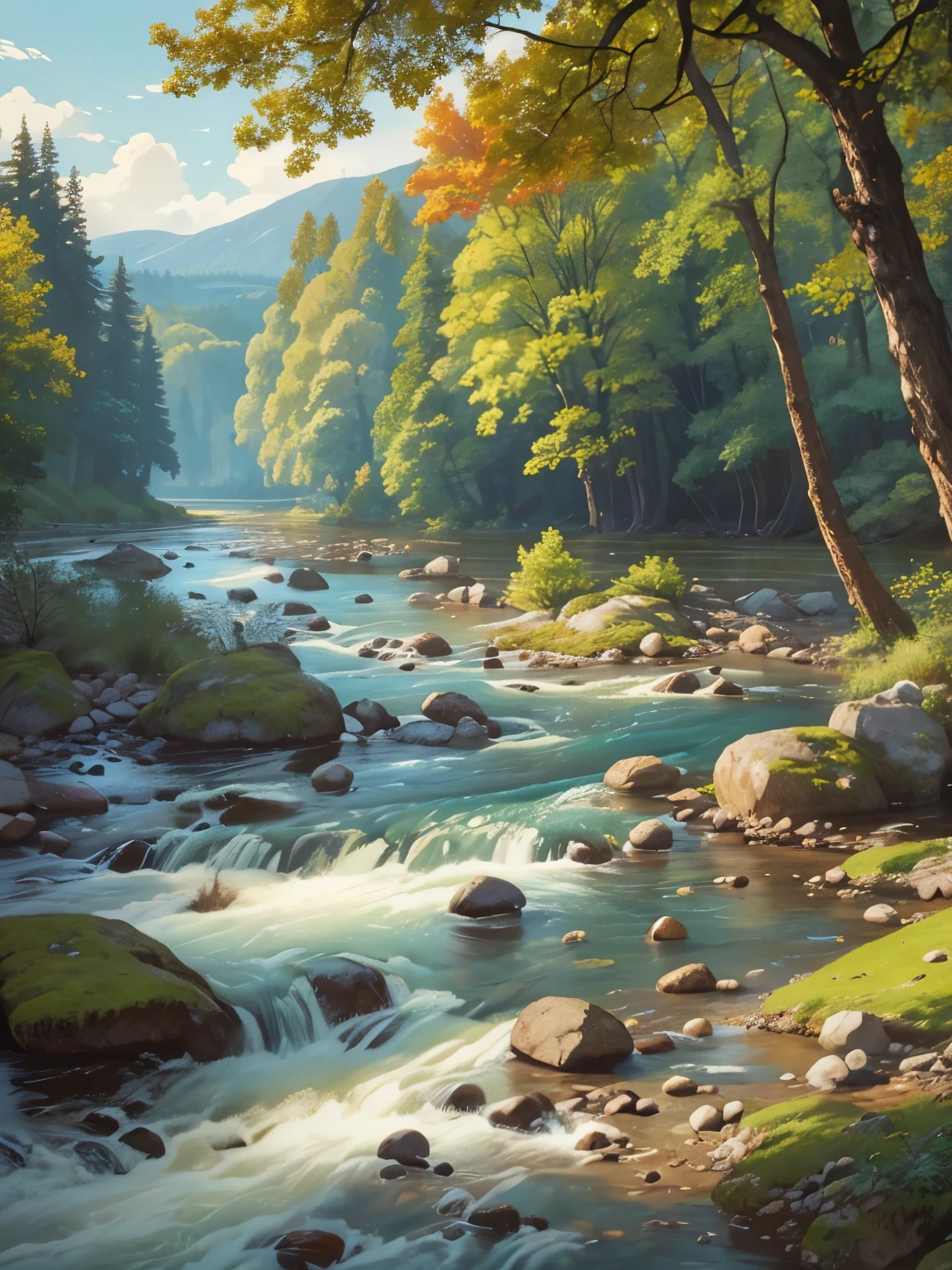 peinture d&#39;une rivière avec des rochers et des arbres au premier plan, par Martinus Rørbye, par Adolf Hölzel, par Adolf Schrödter, par Karl Otto Götz, par Vilhelm Lundstrom, par Antón Otto Fischer, par Joseph von Führich, par Carl Eugen Keel, par Adolf Born, près d&#39;une rivière