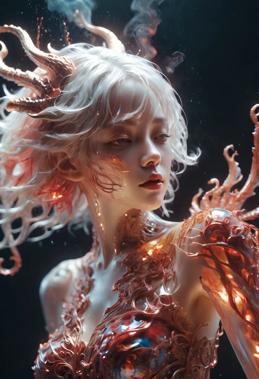 photo RAW, (Black and red : Portrait of a ghostly girl playing the violin, shiny aura, highly detailed, gold filigree, intricate motifs, organic tracery, by Android jones, Januz Miralles, Hikari Shimoda, glowing stardust by W. Zelmer, perfect composition, smooth, sharp focus, sparkling particles, lively coral reef background Realistic, realism, hd, 35mm photograph, 8k), masterpiece, award winning photography, natural light, perfect composition, high detail, hyper realistic cinematic photo art RAW candid close up photo of an ethereal neural network organism with a glittering pearl helmet, holographic color, waterdrops, divine (cyborg dragon:2 girl:0.3, white hair:0.5 biomorph), glass skeleton, skinless:3, biomechanical details, (empty background), natural lighting, style of h. r. giger, (sharp focus, hyper detailed, highly intricate), . Extremely high-resolution details, photographic, realism pushed to extreme, fine texture, incredibly lifelike,35mm photograph, film, bokeh, professional, 4k, highly detailed