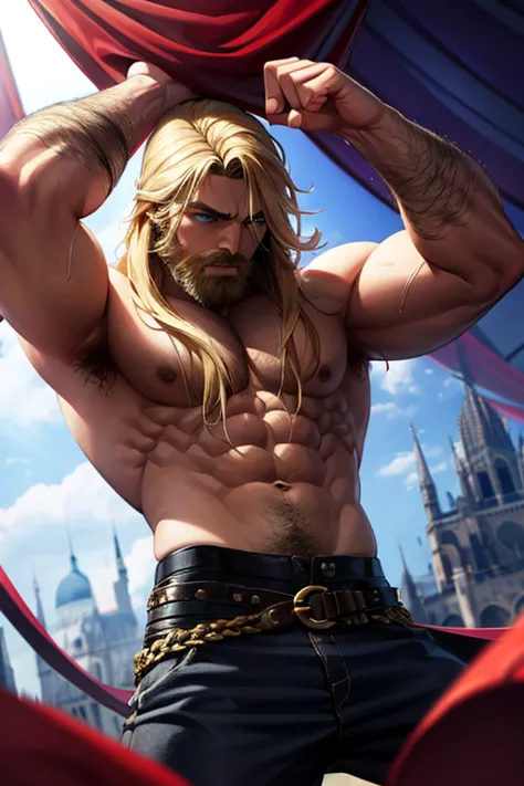 a muscular blonde haired man with blue eyes and long hair and a dark beard is helping take down a gothic circus tent