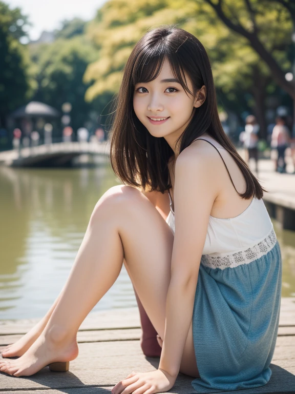 1 young girl, very beautiful, (Super cute), (Highly detailed beautiful face), wonderful face and eyes, black haired, brown eyes, drooling eyes、No makeup、(camisole dress) , (highest quality:1.4), (super detailed), Highly detailed CG integrated 8k wallpaper, surreal, (Photoreal:1.3), Raw photo, professional photos, cinematic lighting, realistic portrait, (:1.3), ((Bokeh)), Depth of bounds written, looking here、17 years old、(Inokashira Park、Inokashira Pond、boat)、Full body Esbian、smile a little、beautiful feet、85ｍM Prime Lens f1.2