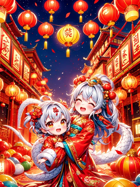 （super fine，hd：1.2），extremely cute toddler princess，chinese dragon，chinese new year celebration，firecrackerecrackers，red spring ...