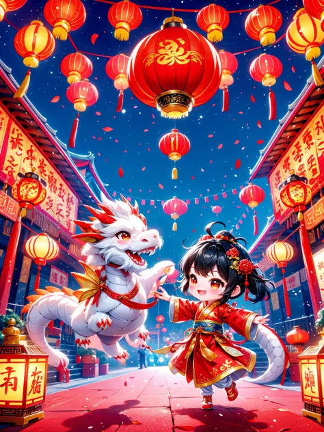（Super fine，HD：1.2），Extremely cute toddler princess，Chinese dragon，Chinese New Year Celebration，firecrackerecrackers，red spring ...