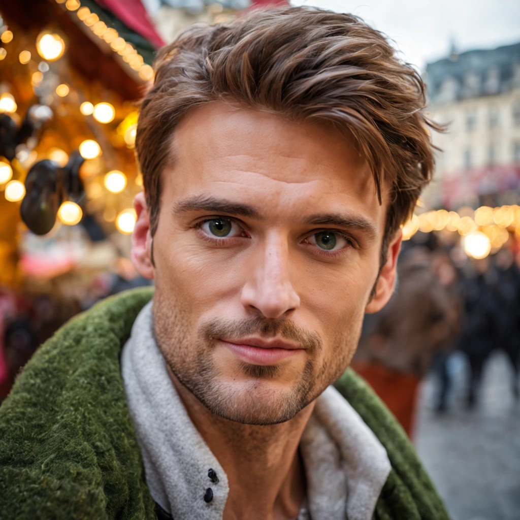 Un cautivador hombre caucásico de 30 años irradia encanto mientras se toma una foto en medio del bullicioso mercado navideño de Viena.. Ojos verdes seductores irradian un encanto cautivador, mientras es pequeño, nariz definida se suma a sus rasgos llamativos, pelo rubio oscuro. Selfie es tomado por Canon dslr, el retrato es una obra maestra ultra detallada y expresiva, mostrando cada poro y textura. ((calidad superior, 8K, obra maestra: 1.5)), Fotografía cruda, ((Mejor Selfie, 1.2))
