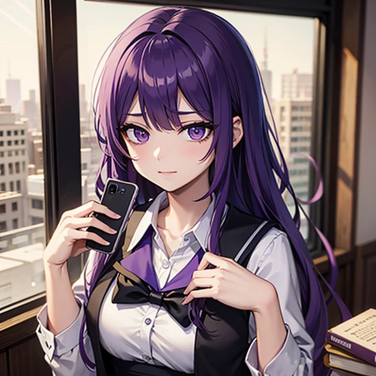 A girl, holding a book in her left hand, purple hair, purple color eye, long hair, wearing korean style school uniform, not smiling, playing a phone on her right hand