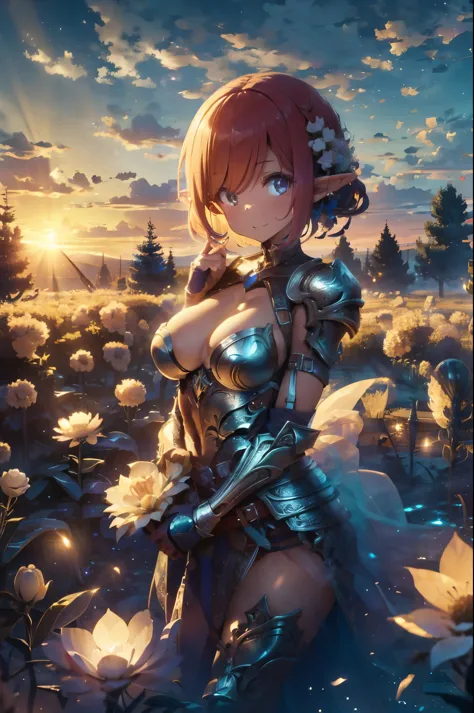 elf girl ,mature woman in armor, big tits, big , lewd , sexy pose, red hair, sunny, clouds, sunrise,flowers, field , chinese building
