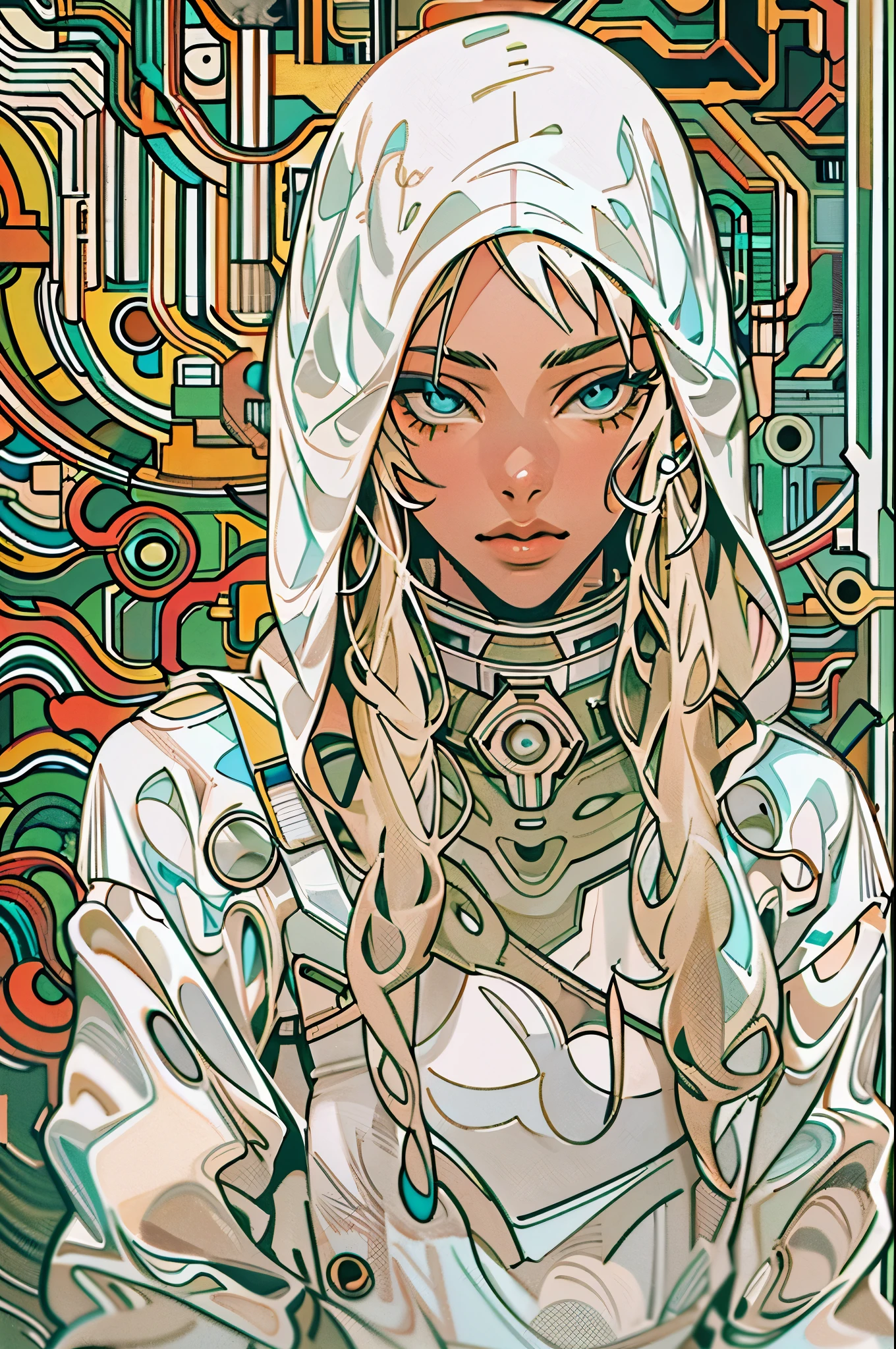 1monk warrior girl with white techwear clothes, white long hair, laces, abstract vintage scifi background, art by Moebius, art by Ashley Wood