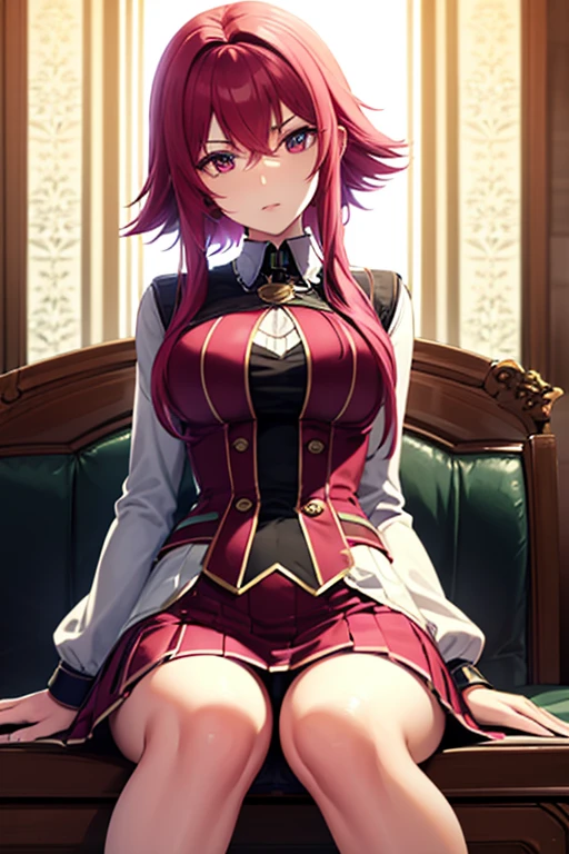 A pink haired woman with violet eyes is sitting on a throne with a half up and half down hairstyle. 