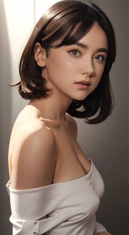 16k super high image quality、looking at the viewer, cinematic lighting, perfection, soft light, high resolution skins:1.2, realistic skin texture, 20 year old mature woman、small face、No makeup、off shoulder,Bust B Cup、 exposed cleavage, small breasts、short hair, dark brown hair、leggings、good for sports、full nude、gray background