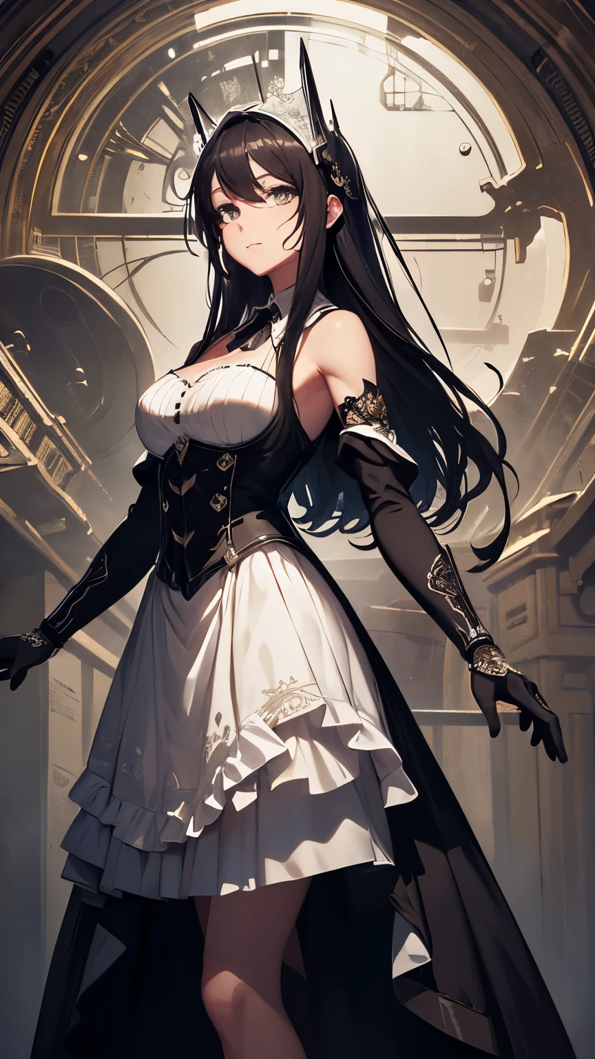 Anime girl in a white dress and black gloves standing in front of a clock -  SeaArt AI