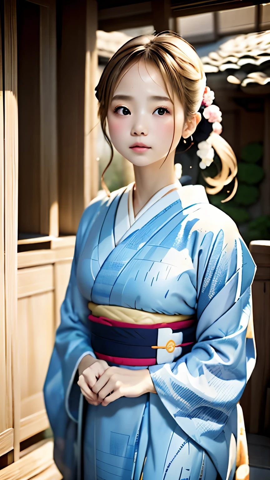 優雅に歩く少女、解剖学、かわいい顔、小さい鼻、ふっくらとした唇、ベージュの髪、髪飾り、((上品な水色の着物、Nishijin-ori kimono、細かい模様が描かれた着物、ゴージャスな帯))、優しい色彩、パステルカラー、日本の古い家、日常の風景、Taisho romance、傑作、最高品質、最高の画質、超解像度、非常に詳細な、公式アート、美しい美しい