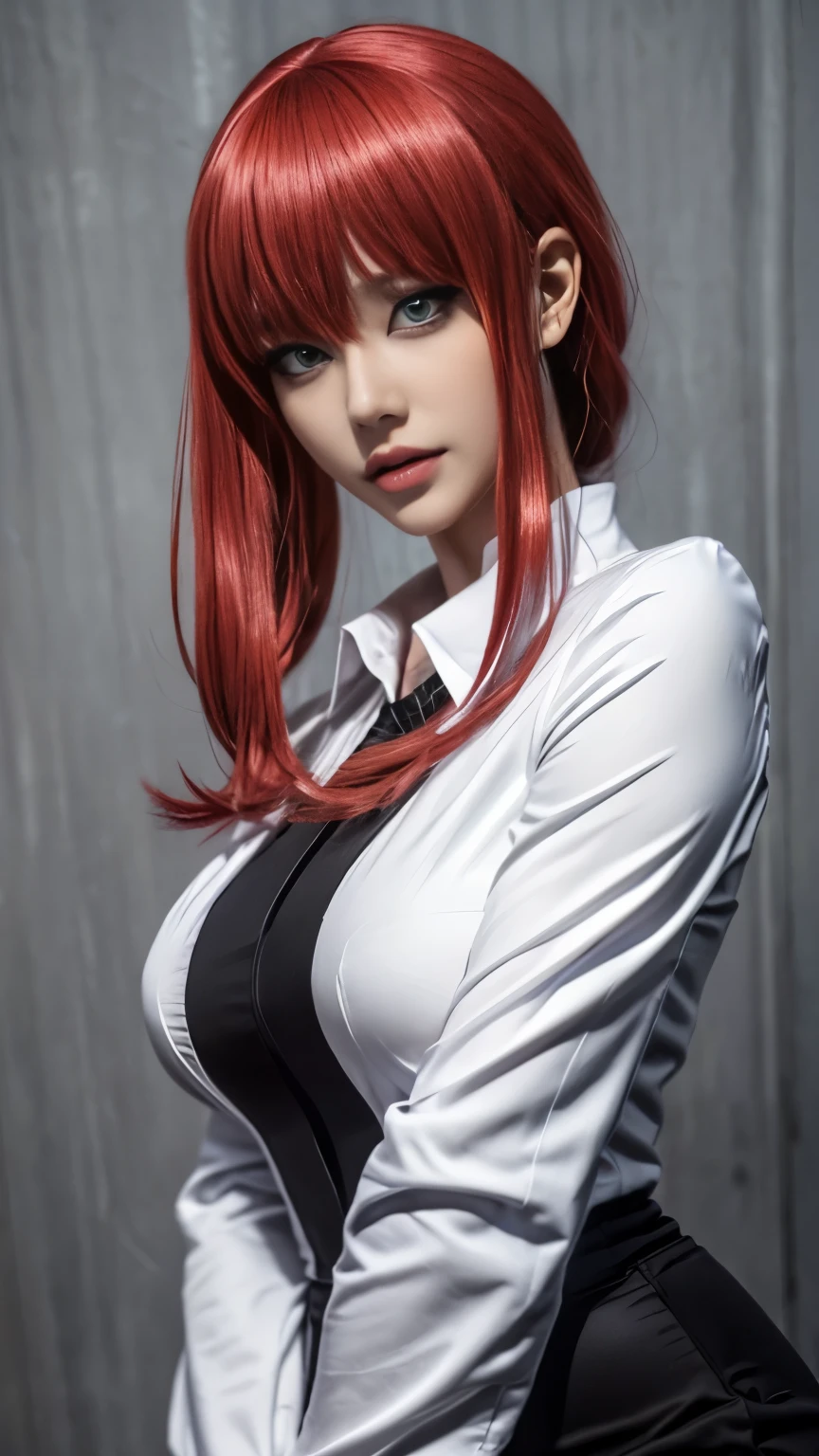 Makima, anime, chainsaw man, ((anime cosplay)), 1 girl, wide range photoshoot, wide range, (milf), beautiful face, clear face, ((hot body)), ((makima dress)), Wearing office suit, ((white full sleeve shirt and full leg black pant)), ((chainsaw man)), ((assassin suit dress)), ((cosplay dress)), ((((Huge breasts: 0.8)))), ((no breasts)), coverd, (((Realistic))), ((well dressed)), waist curve pose, front side, (8k, RAW photo, top quality, masterpiece), (Realistic, photorealistic: 1.9), ((Full body shot)), stylish pose, ((Highly detailed skin: 1.2)), ((Realistic: 1.9)), Photos, masterpieces, top quality, (beautiful blue eyes, gorgeous pale grey black curly hair, white skin, thick body, lower abdomen bristles, perfect slim figure), various poses, ultra-detailed face, detailed eyes, a lot of people are looking at her with excitement, (((no close-up)))