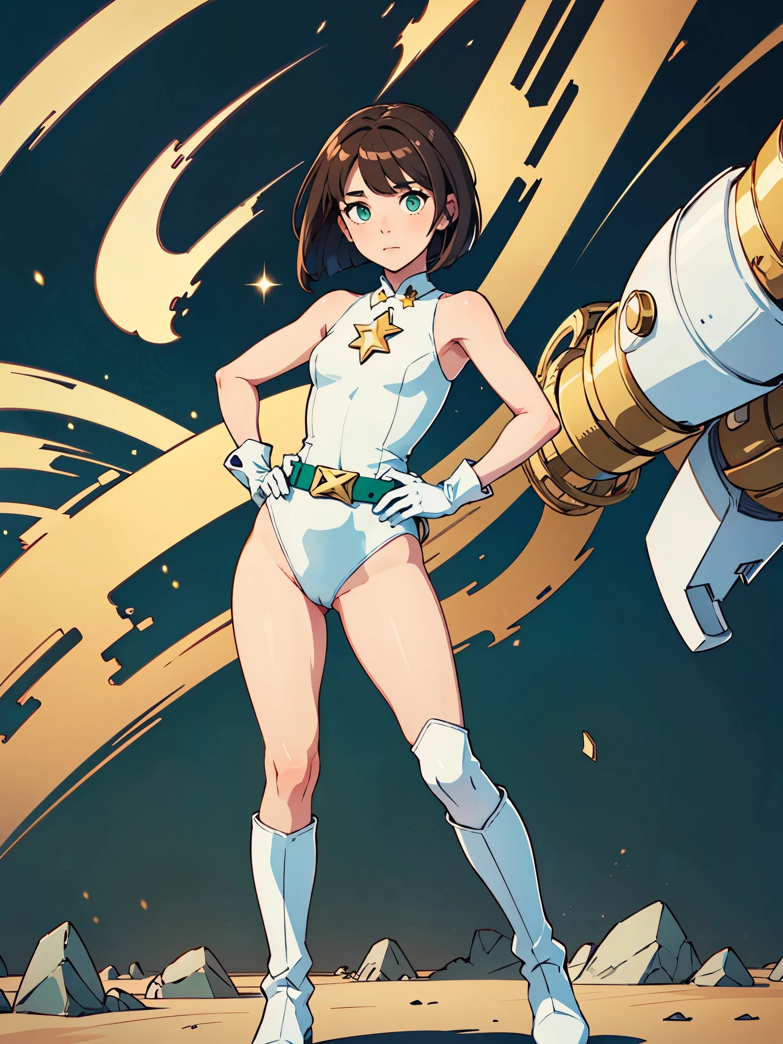 (((pixel-perfect, detail-perfect))), 1girl, superhero, leotard, highleg leotard, ((white and blue leotard)), bare legs, boots, ((white boots)), gloves, ((white gloves)), standing, solo focus, (gold belt), hands on hip, full body shot, tokyo city backdrop, sleeveless, ultra highres, absurdres, beautiful face, detailed eyes, symmetric eyes, perfect body, good proportions, mature lady, ((brown hair, short hair, bob hair)), ((gold star on chest)), ((green eyes))