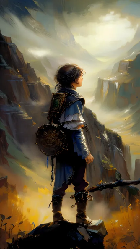 painting of a  standing on a rock with a backpack and a stick, louis royo, lord of the ring art, a wanderer on a mountain, paint...