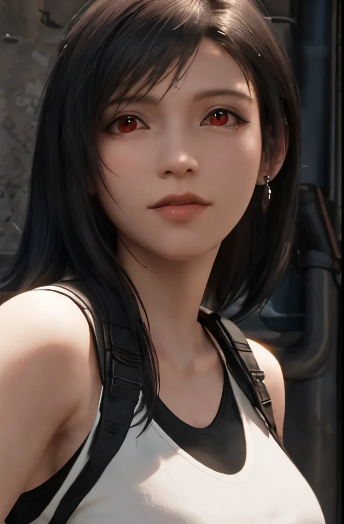 (​masterpiece), (top-quality), 8K分辨率, ultra-detailliert, ultra-detailliert, realisitic, a picture, photorealisim, (1girl), tifa, Final Fantasy VII, Tifa Lockhart, concrete wall,metal pipes,Details red eyes,Detailed double eyelids,Short Hair Dark Brown Color,slender figure,Model body type,bustＢcups,