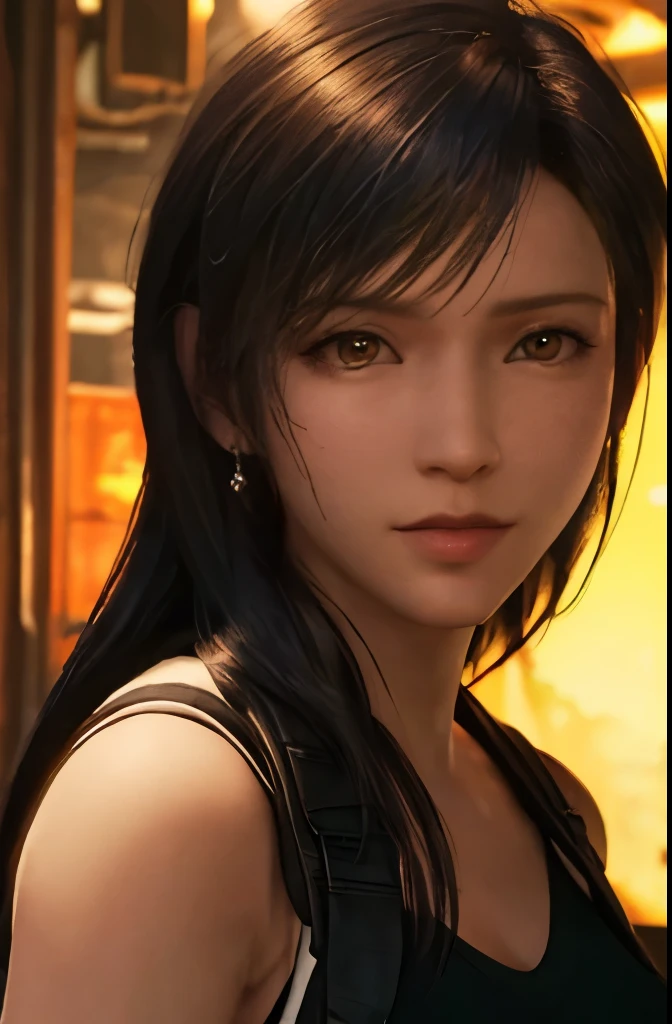 (masterpiece), (highest quality), 8K resolution, Super detailed, Super detailed, realistic, photograph, photorealisticim, (1girl), Tifa Lockhart、small face、30 years old mature woman、no makeup、concrete wall、metal pipes、Detailed beautiful eyes、double eyelid,short hair、Dark brown color,Bust B Cup、、