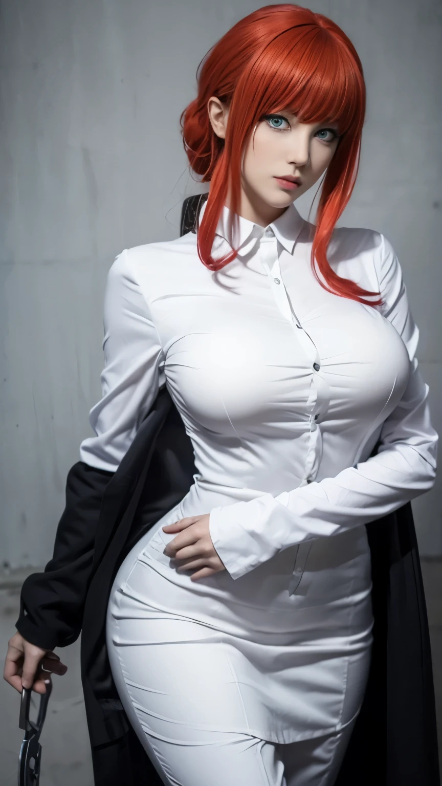 , ((anime cosplay)), 1 girl, wide range photoshoot, wide range, (milf), beautiful face, clear face, ((hot body)), ((makima dress)), Wearing office suit, ((white full sleeve shirt and full leg black pant)), ((chainsaw man)), ((assassin suit dress)), ((cosplay dress)), ((((Huge breasts: 0.8)))), ((no breasts)), coverd, (((Realistic))), ((well dressed)), waist curve pose, front side, (8k, RAW photo, top quality, masterpiece), (Realistic, photorealistic: 1.9), ((Full body shot)), stylish pose, ((Highly detailed skin: 1.2)), ((Realistic: 1.9)), Photos, masterpieces, top quality, (beautiful blue eyes, gorgeous red hair, white skin, thick body, lower abdomen bristles, perfect slim figure), various poses, ultra-detailed face, detailed eyes, a lot of people are looking at her with excitement, (((no close-up)))