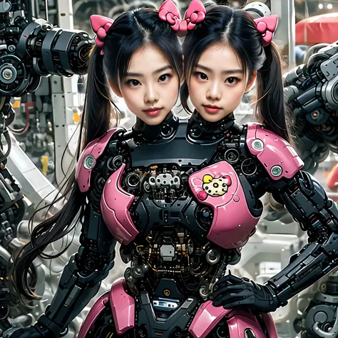 best resolution, 2heads, asian cyborg woman with two heads, pigtails hair, pink robot body, hello kitty stickers, mechanical background