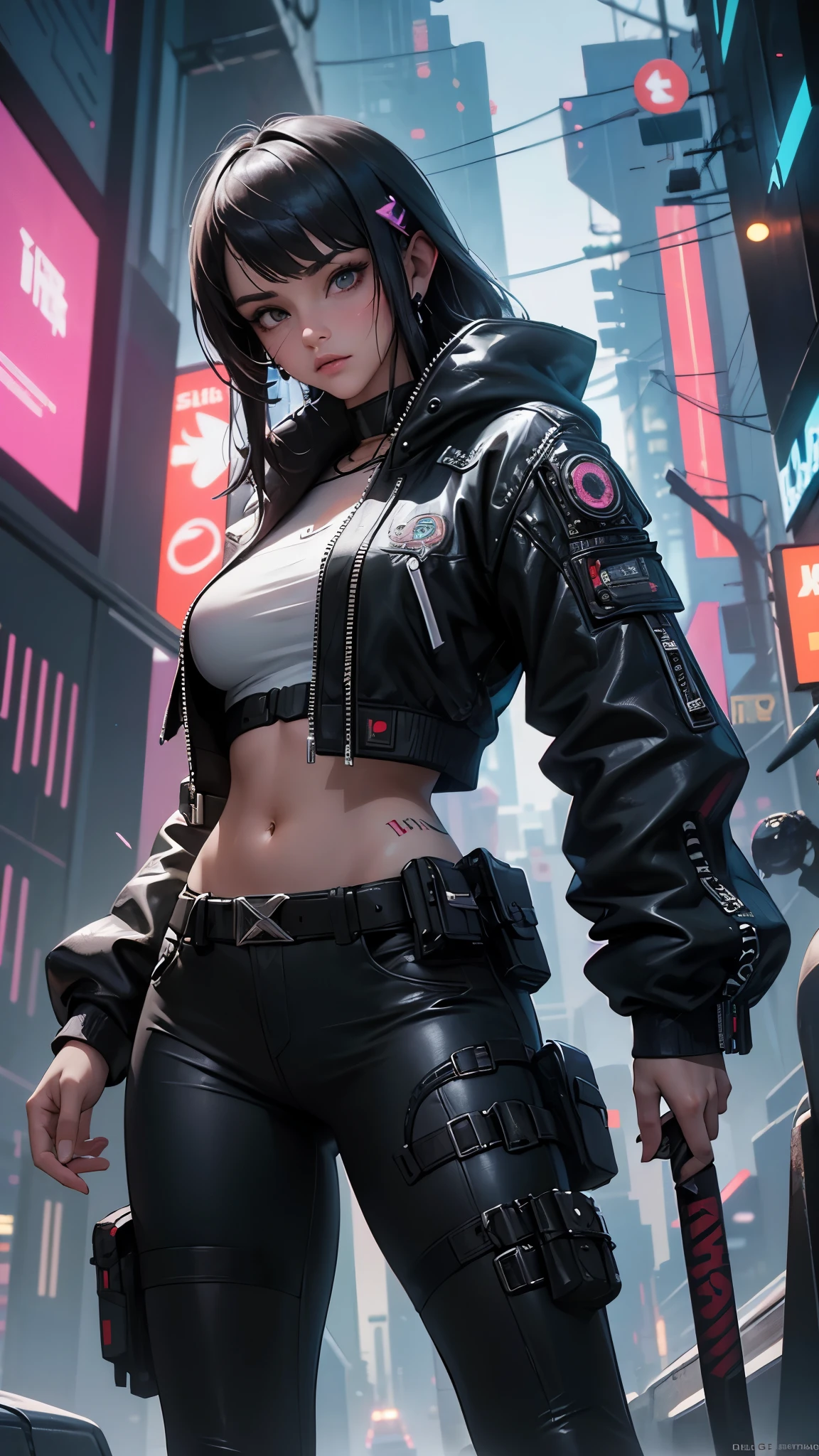 (artwork, Best Quality, 8k, Sharp focus, depth of field, the best shadows, perfect lights, HdR, realistic skin texture, hyper detailed background), anime style, long angle shot, ((Cyberpunk theme)), Alone, 1 woman, She is a mercenary, (green eyes, White skin, Black hair with ponytail., choker, small breasts, delgado, Inventory, eyeliner, mirror), He is doing a job in a futuristic Korean city, holding a Tech-katana with a strong grip, evening, sky, waning moon, wearing a technical jacket and leather pants. (cyberpunk Cybersamurai :1.4)