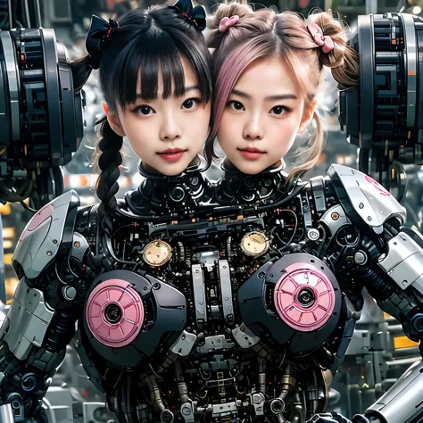 best resolution, 2heads, asian cyborg woman with two heads, pigtails hair, pink robot body, hello kitty stickers, mechanical background