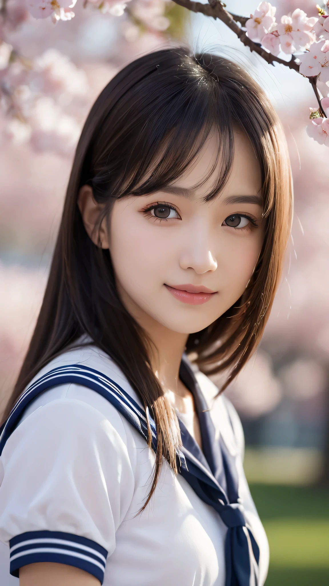 1girl, (Ultra realistic), (highly detailed eyes, highly detailed hair, highly detailed face, highly detailed plump lips), (sailor uniform, school uniform), breasts, caute smile, (best quality:1.4), Raw photo, (Ultra realistic), (photo-realistic:1.4), professional photography, cinematic light, depth of fields, cherry blossom trees, Spring, sunny skies,